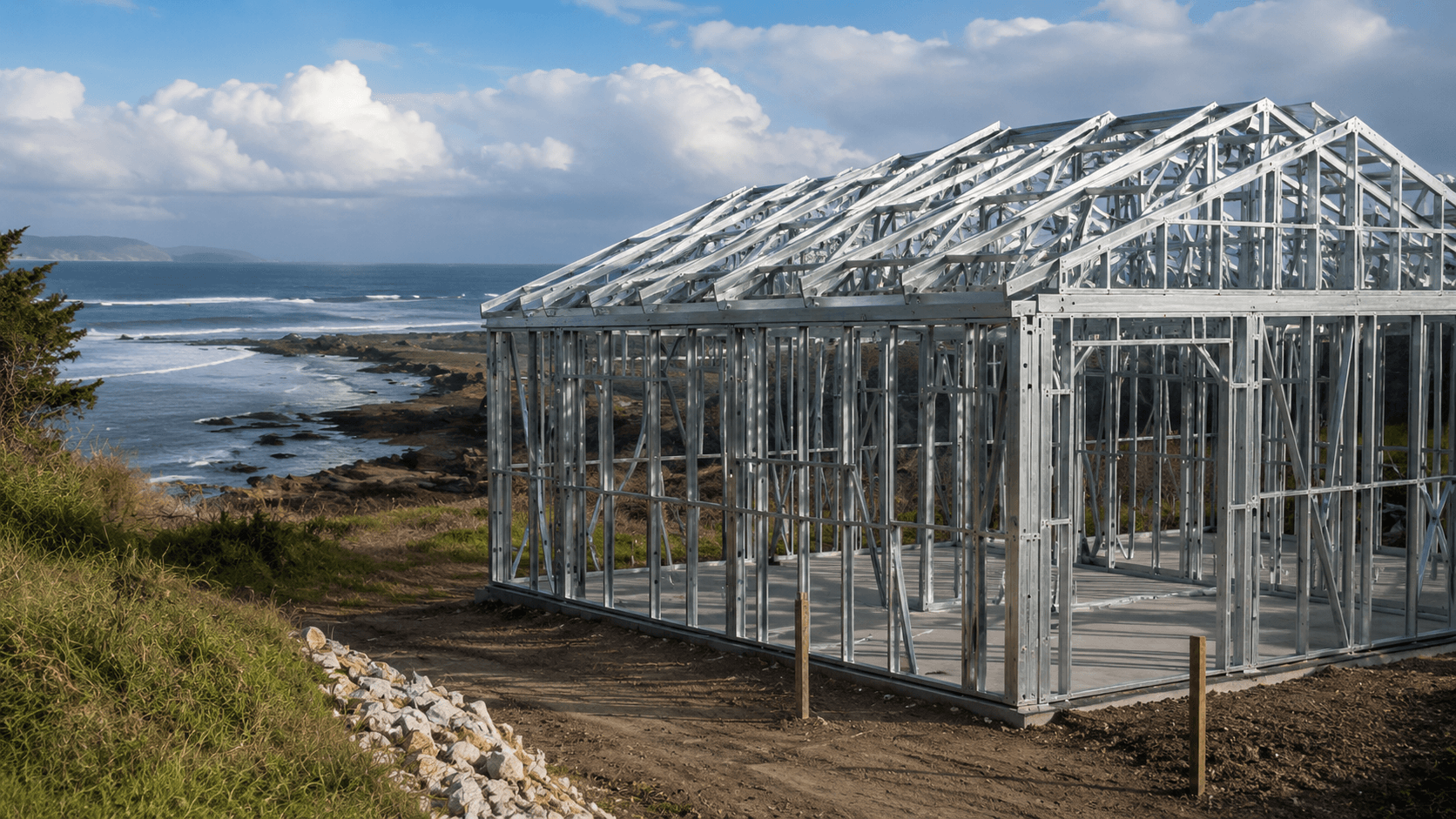Galvanised steel frame on a coastal building site